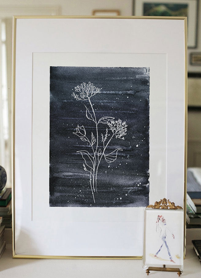 Elegant Botanical Line Art on Midnight Blue Canvas