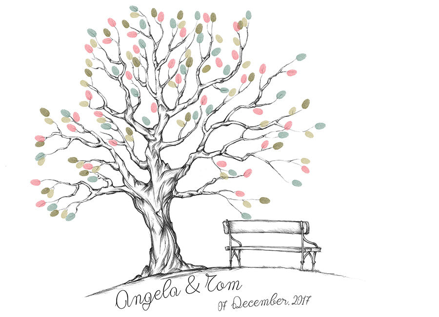 Wedding guest book tree sketch with colorful fingerprint leaves.