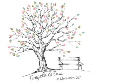 Wedding guest book tree sketch with colorful fingerprint leaves.