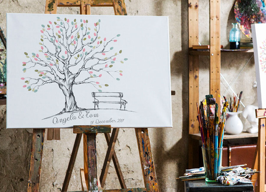 Elegant wedding tree drawing for guest fingerprints.