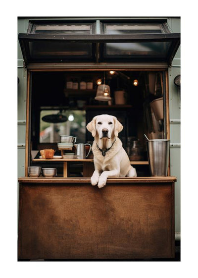 Adorable Dog in Vintage Coffee Truck