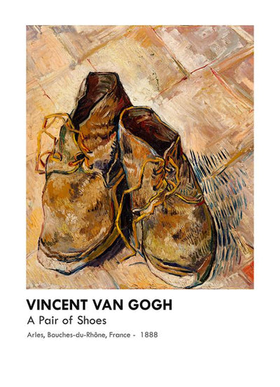 A detailed painting by Vincent Van Gogh depicting a pair of worn shoes against a textured background.