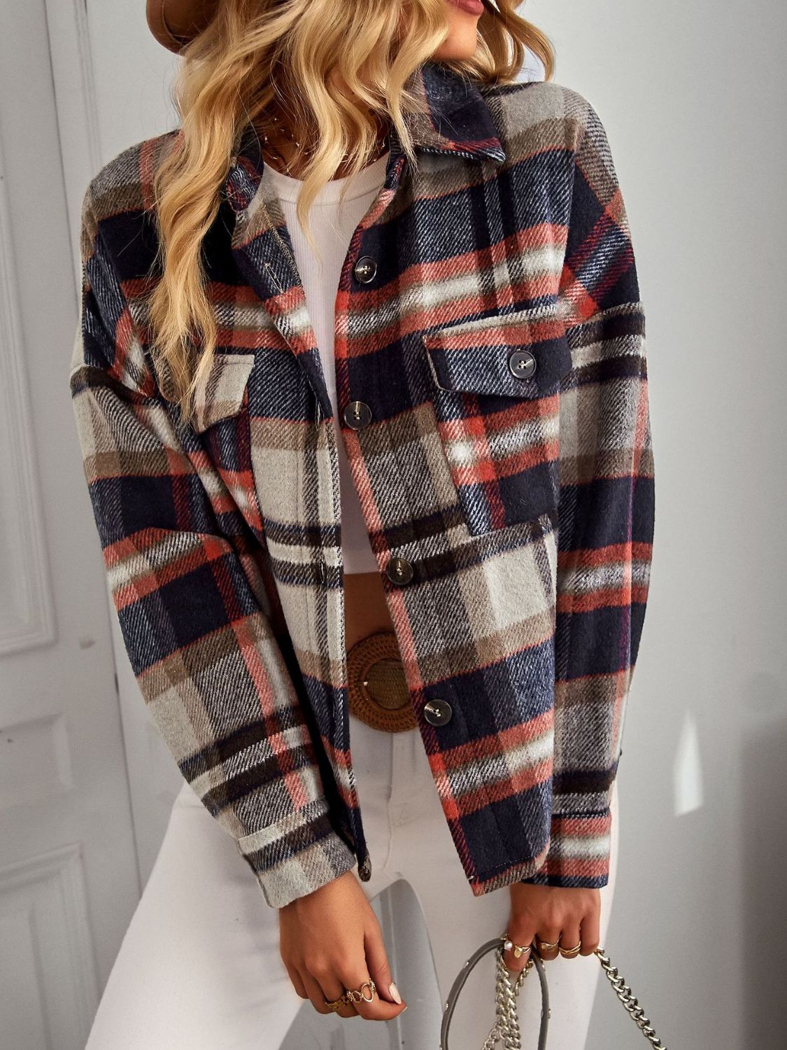Plaid Button Front Brushed Shacket with Breast PocketsTrendsiMARY & FAP