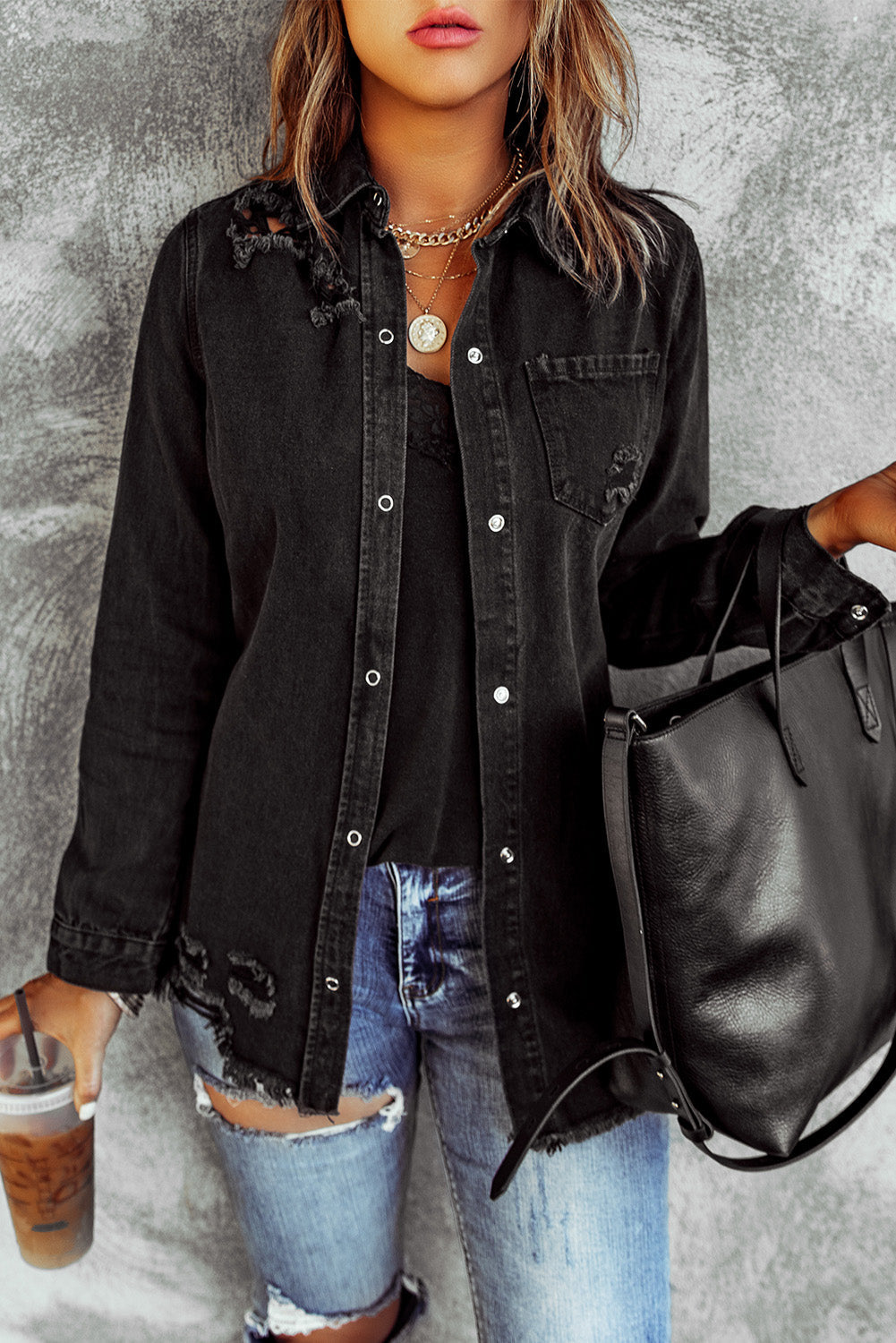 Distressed Snap Down Denim JacketTrendsiMARY & FAP