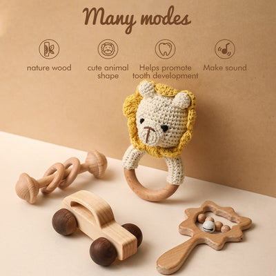 Wooden Rattle Set with Cartoon Animal Crochet and Wood Car Block