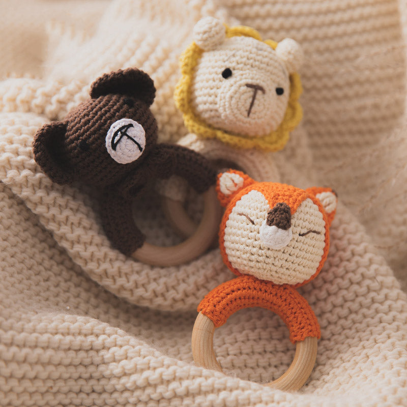 Crochet Animal Rattle and Wooden Teether Set for Babies