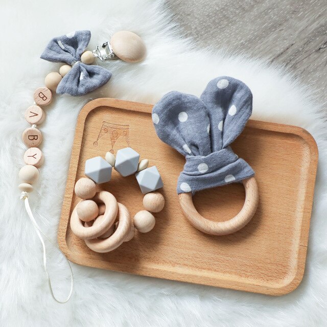 Wooden Baby Rattle with Ring and Pacifier Chain