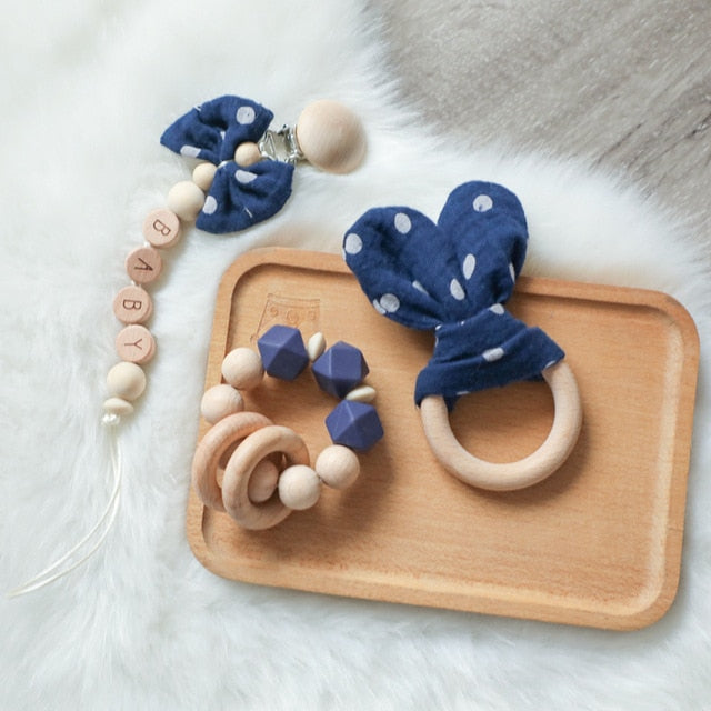 Wooden Baby Rattle with Ring and Pacifier Chain