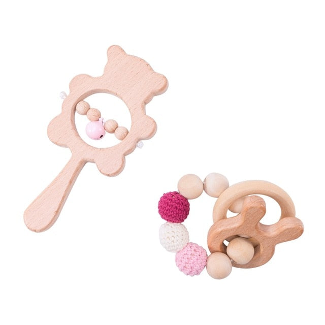 Wooden Baby Rattle Set with Teether and Musical Chain
