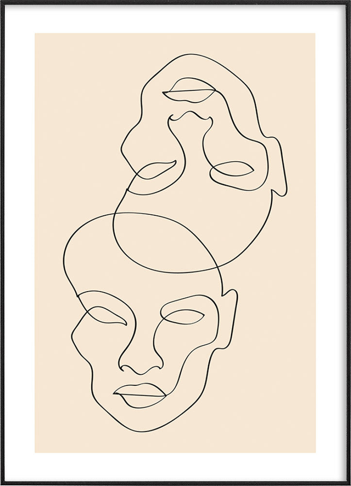 A minimalistic line drawing of two intertwined faces on a soft beige background.