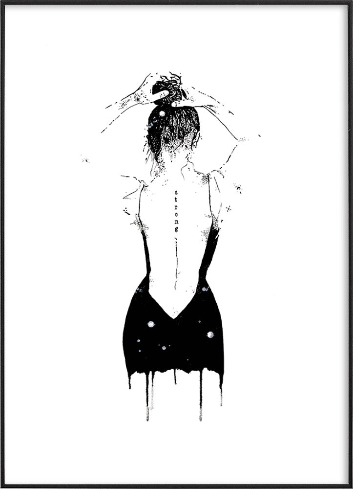 An ink drawing of a figure in a black dress against a white background, embodying an aura of elegance and mystery.