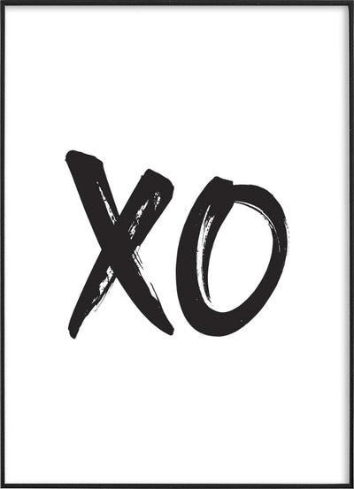 Black brushstroke XO letters on white background typography poster.