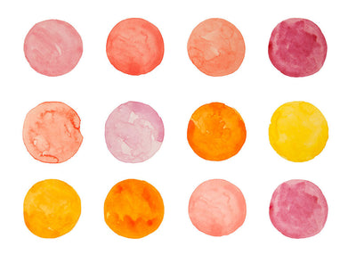 A set of twelve colorful watercolor circles in shades of pink, orange, and yellow on a white background.