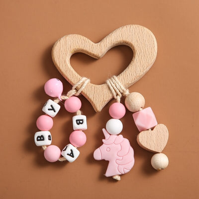 Baby Natural Beech Wooden Animal Blocks for Educational Play and Pacifier Chain