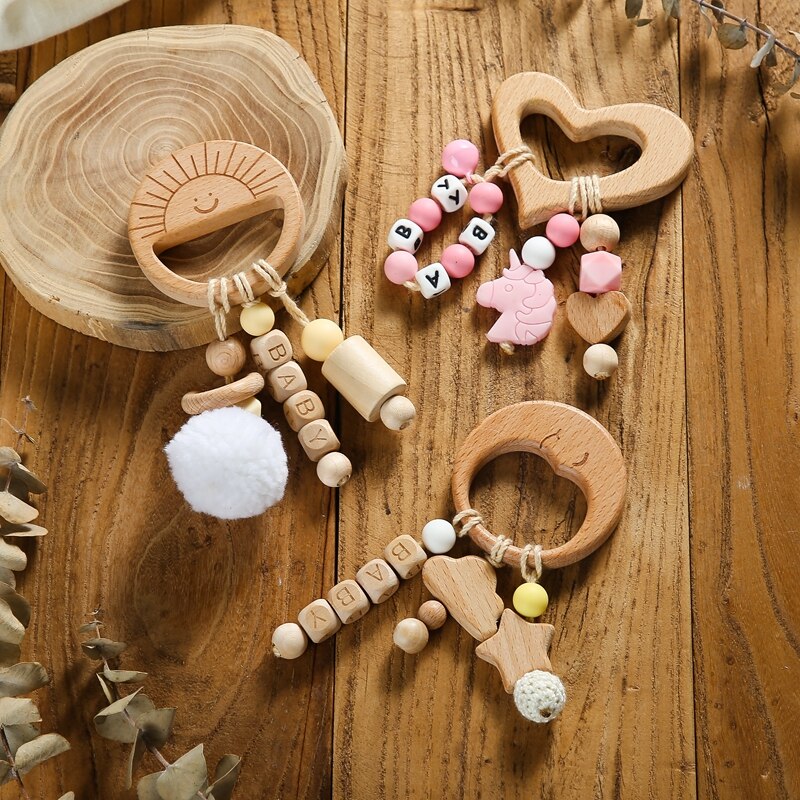 Baby Natural Beech Wooden Animal Blocks for Educational Play and Pacifier Chain